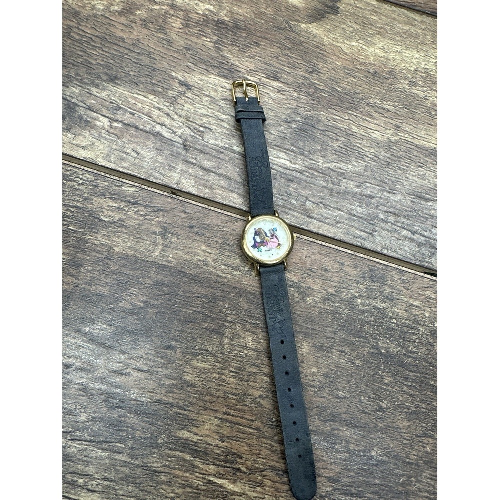 Vintage Timex‎ Disney Beauty and the Beast Watch Gold Tone Black Leather Strap